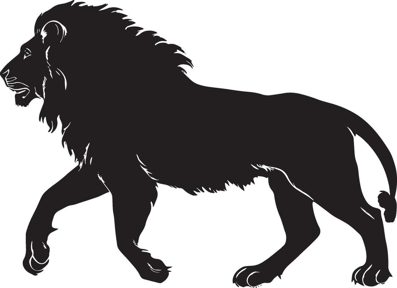 Lion Walking One paw lifted, body in mid-stride, mane flowing. full length silhouette black illustration vector