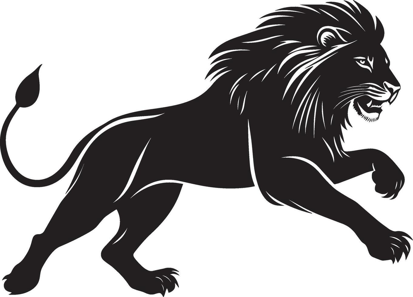 Lion Sprinting Body elongated, legs outstretched, tail waving in motion, full-length black silhouette illustration. vector