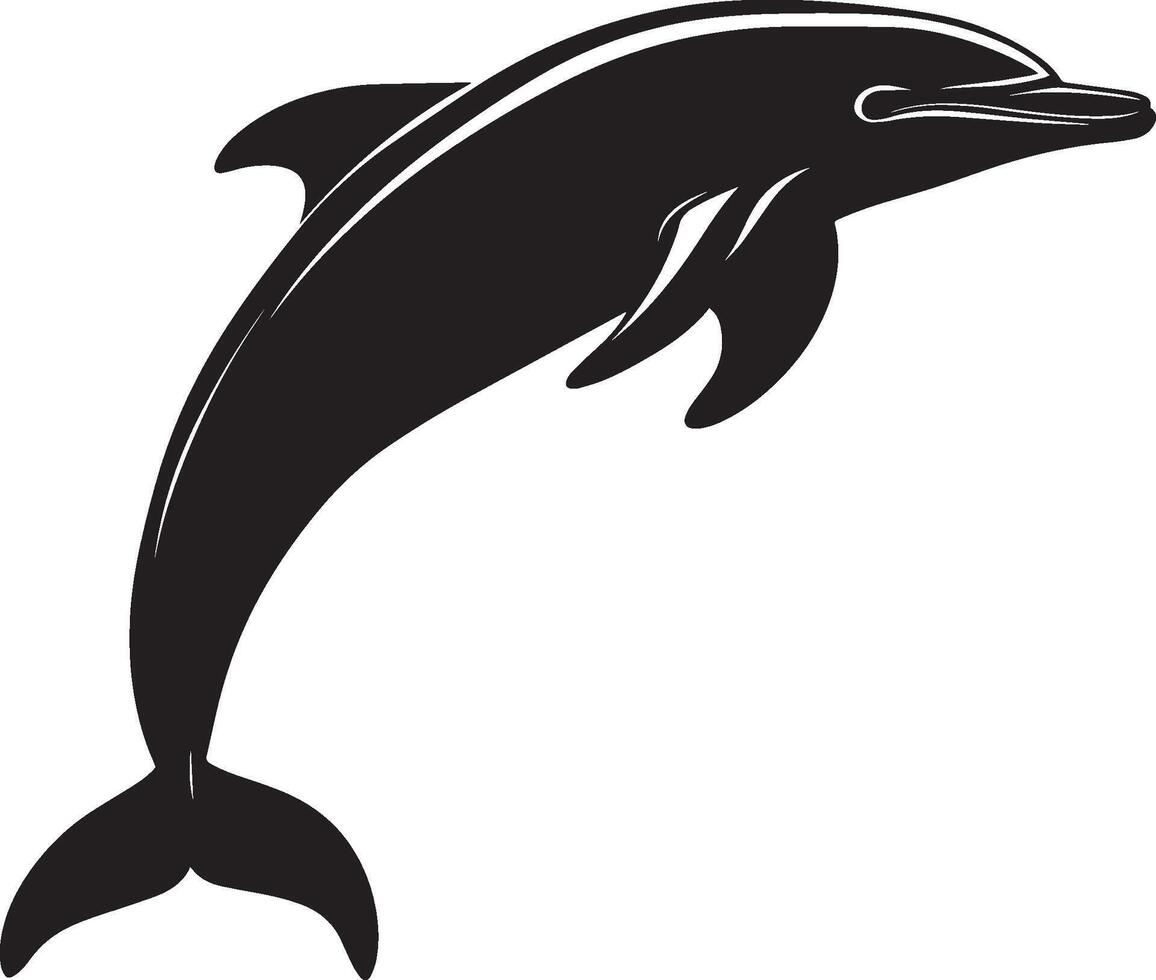 Dolphin Leaping Body arched in mid-air, tail fin pointing downward, silhouette illustration. vector