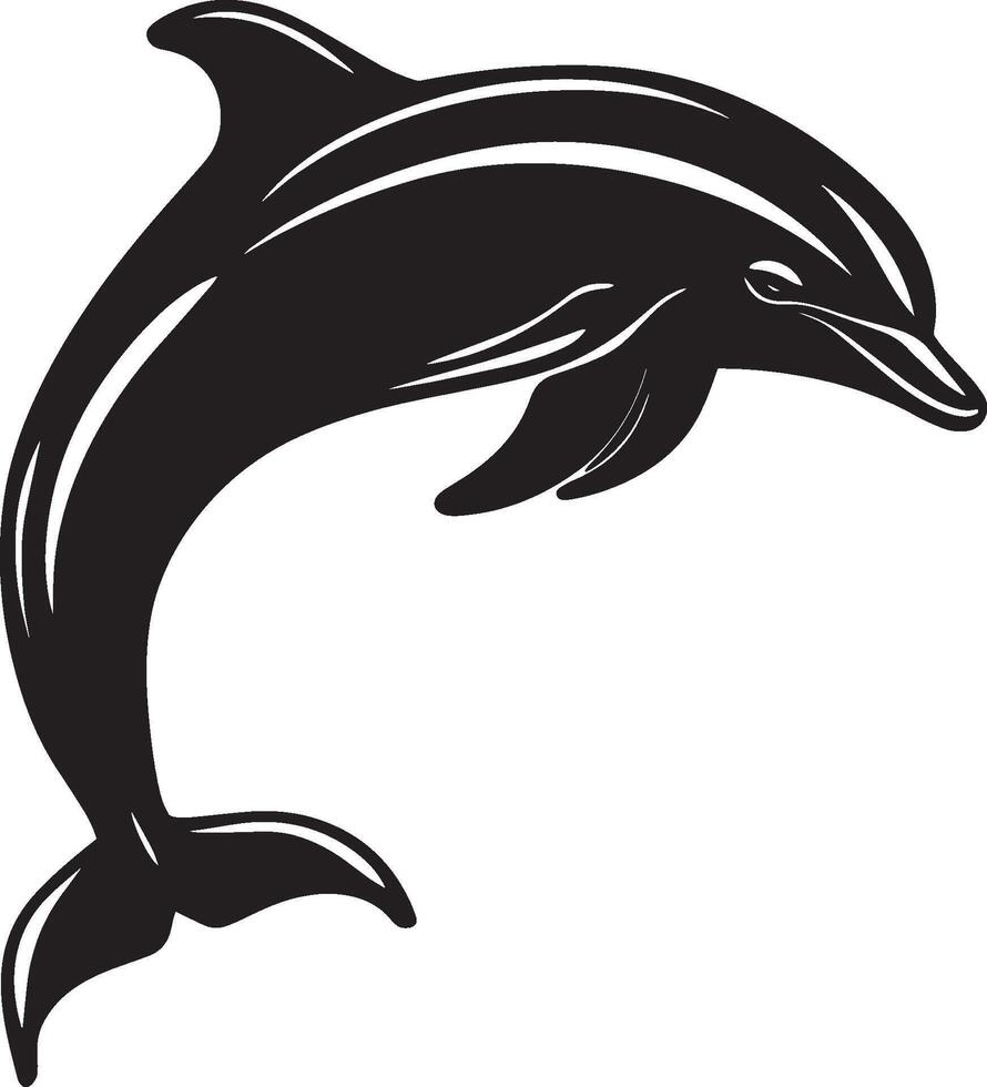 Dolphin in Flight Curved body, tail fin down, full silhouette design. vector