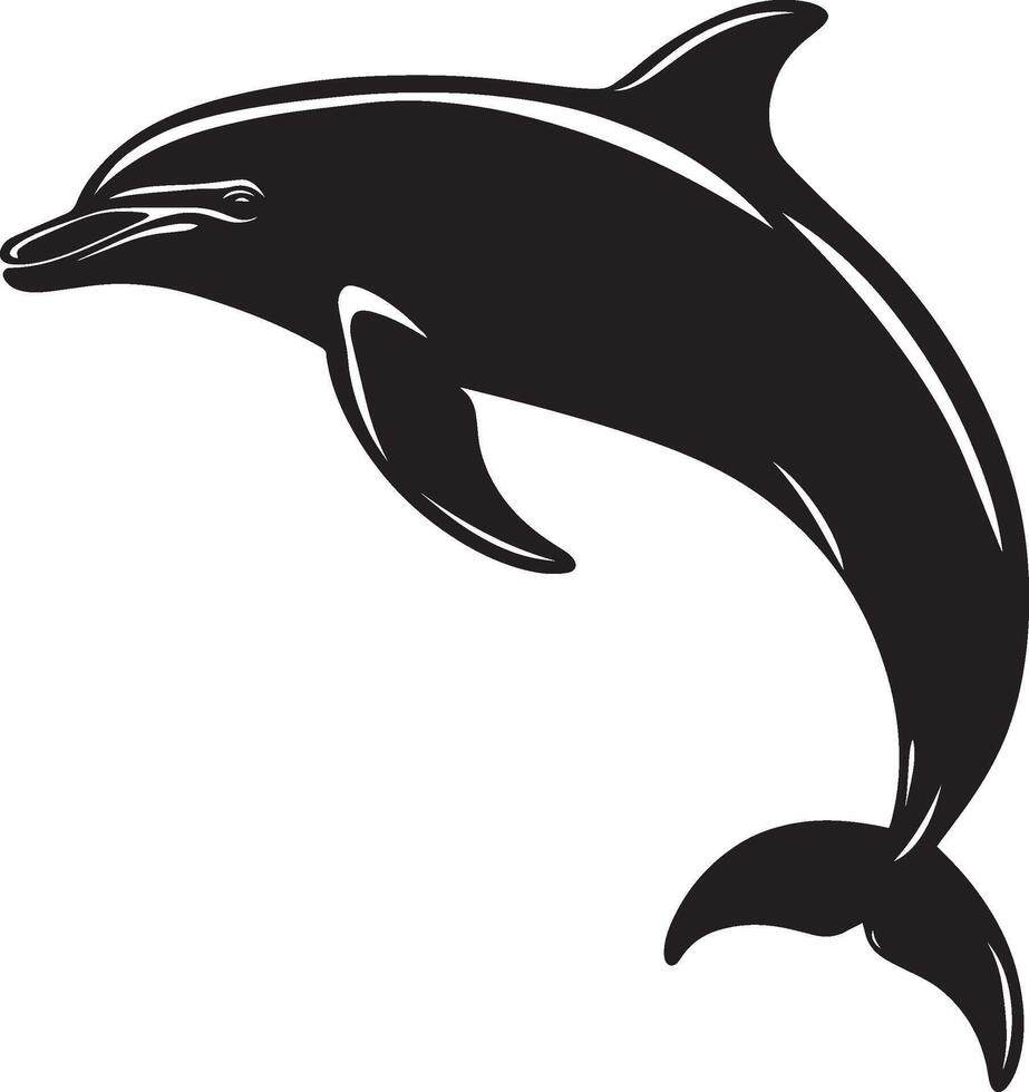 Dolphin Soaring Body curved, tail fin extended downward, black art. vector