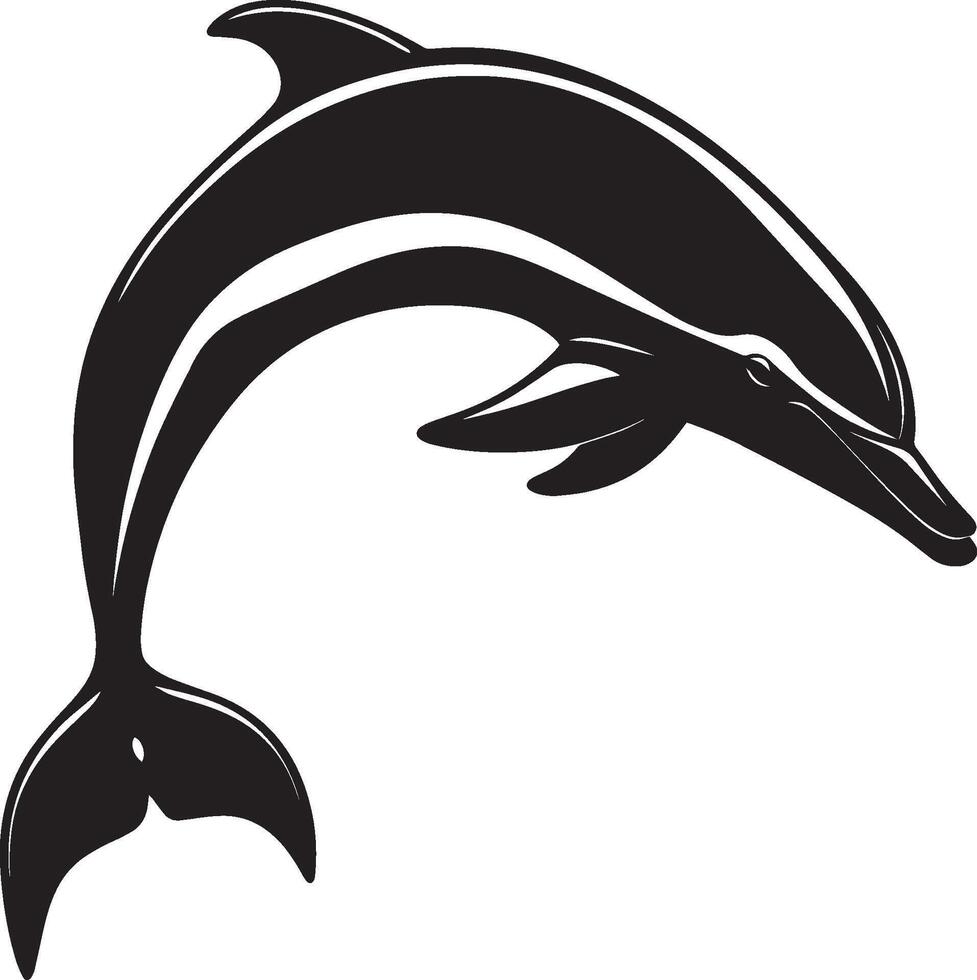 Dolphin Jumping Mid-air leap with body curved, tail fin extended downward. full length silhouette black illustration vector