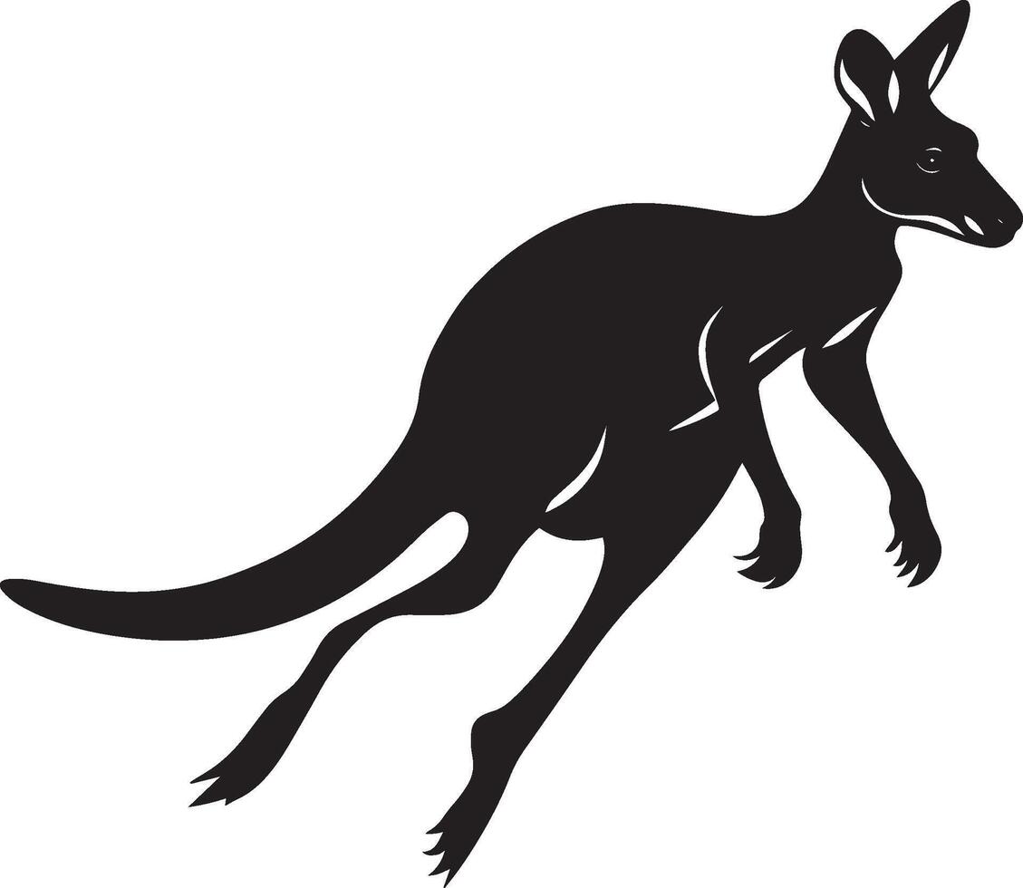 Kangaroo Leaping Strong jump, back curved, legs stretched, tail stabilizing, silhouette in black art. vector