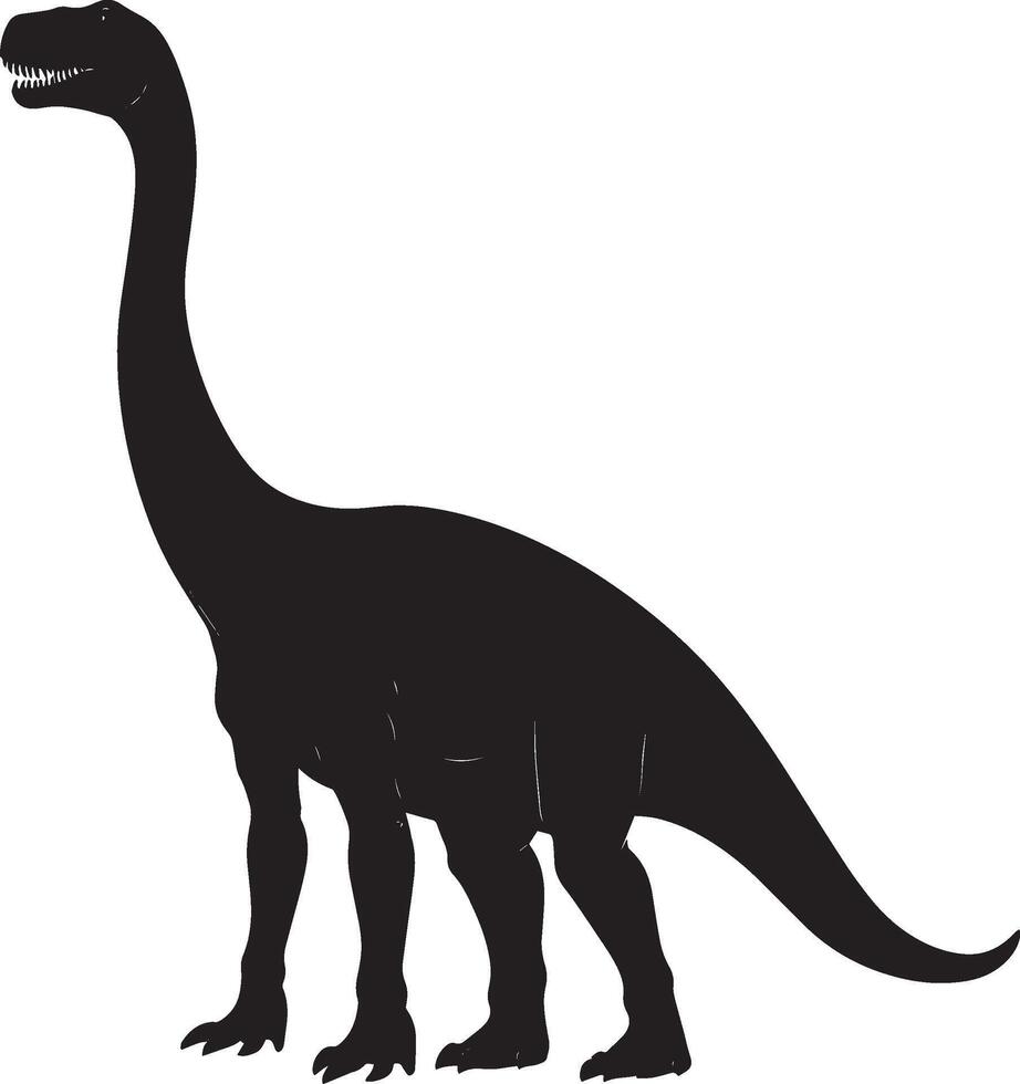 Apatosaurus A large dinosaur characterized by its elongated neck, substantial tail, and compact head, complete black silhouette design. vector