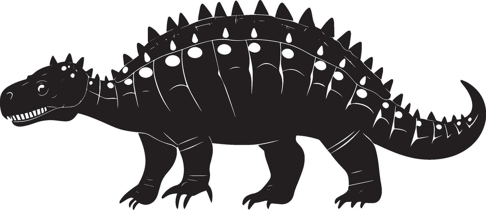 Ankylosaurus - A heavily armored quadruped with bony plates on its back and a clubbed tail. full length silhouette black illustration vector
