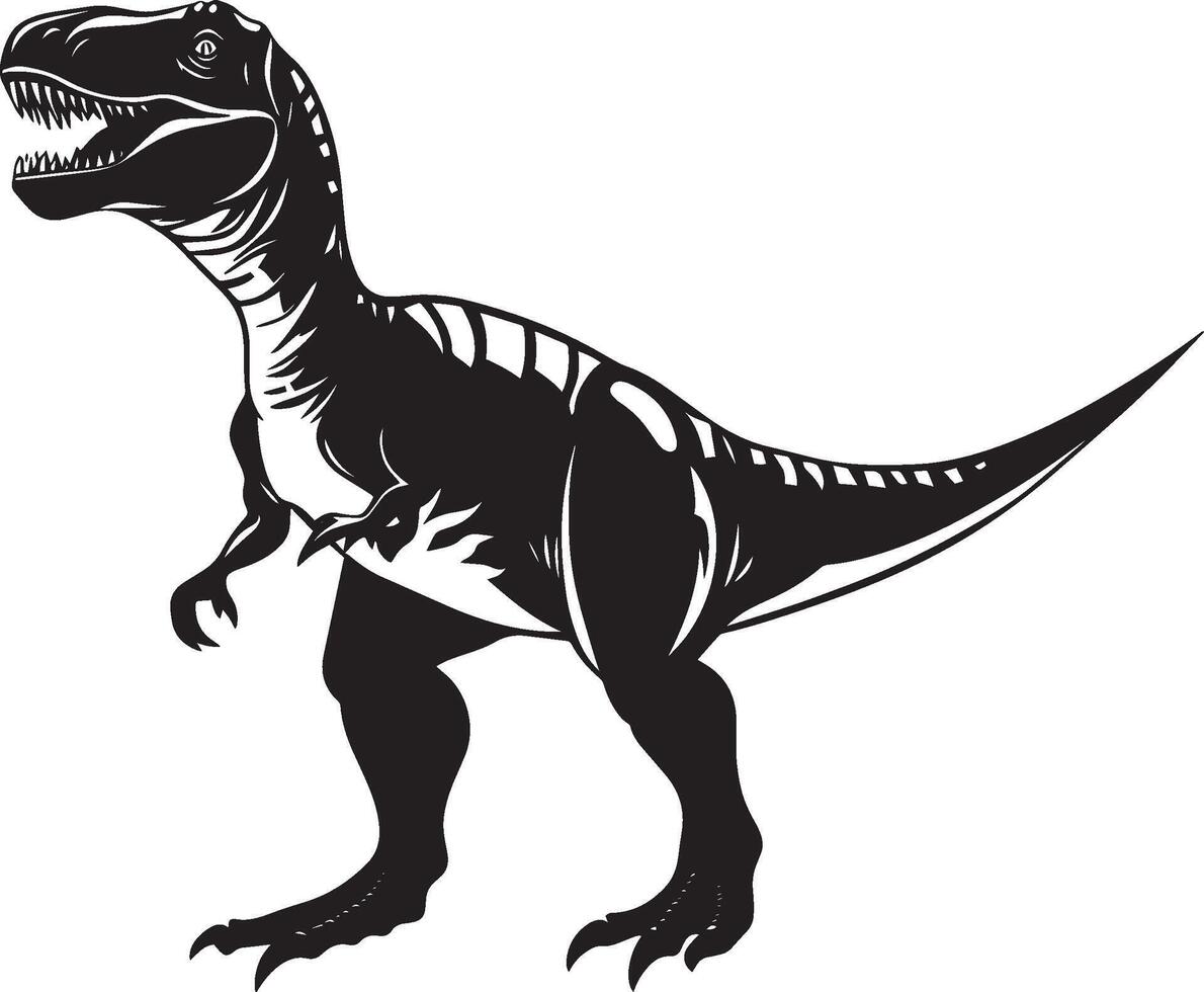 Giganotosaurus A powerful theropod known for its hefty frame, extended tail, and strong legs engineered for rapid movement, complete silhouette in black representation. vector
