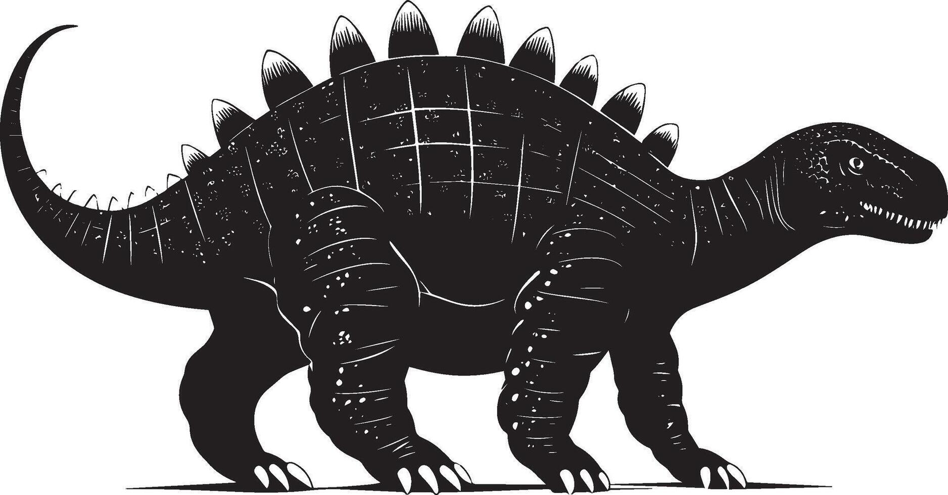 Ankylosaurus A heavily armored herbivore characterized by its protective bony plates and a powerful clubbed tail, complete black silhouette design. vector