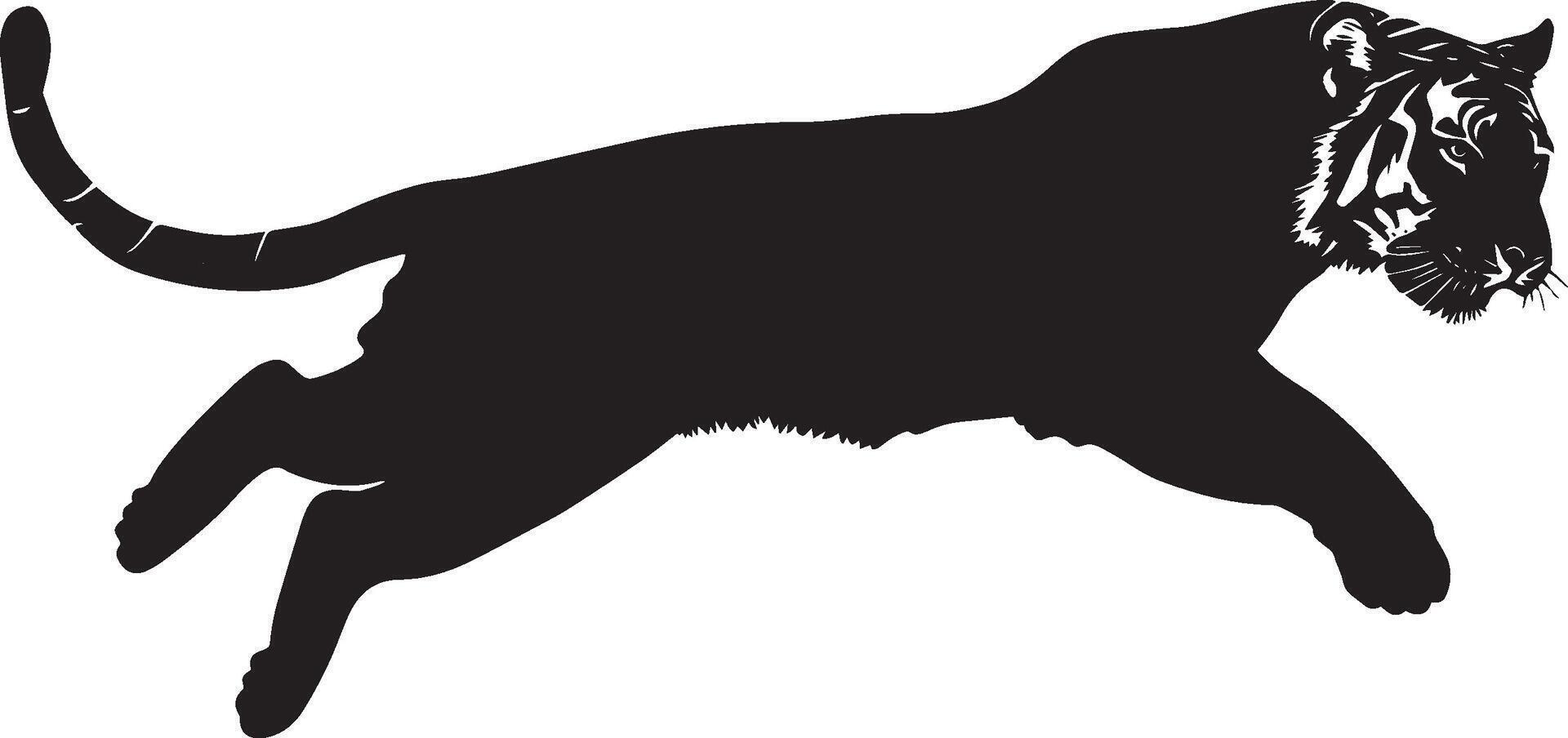 Tiger Vaulting soaring through the air, limbs extended, body arched, complete black silhouette design. vector