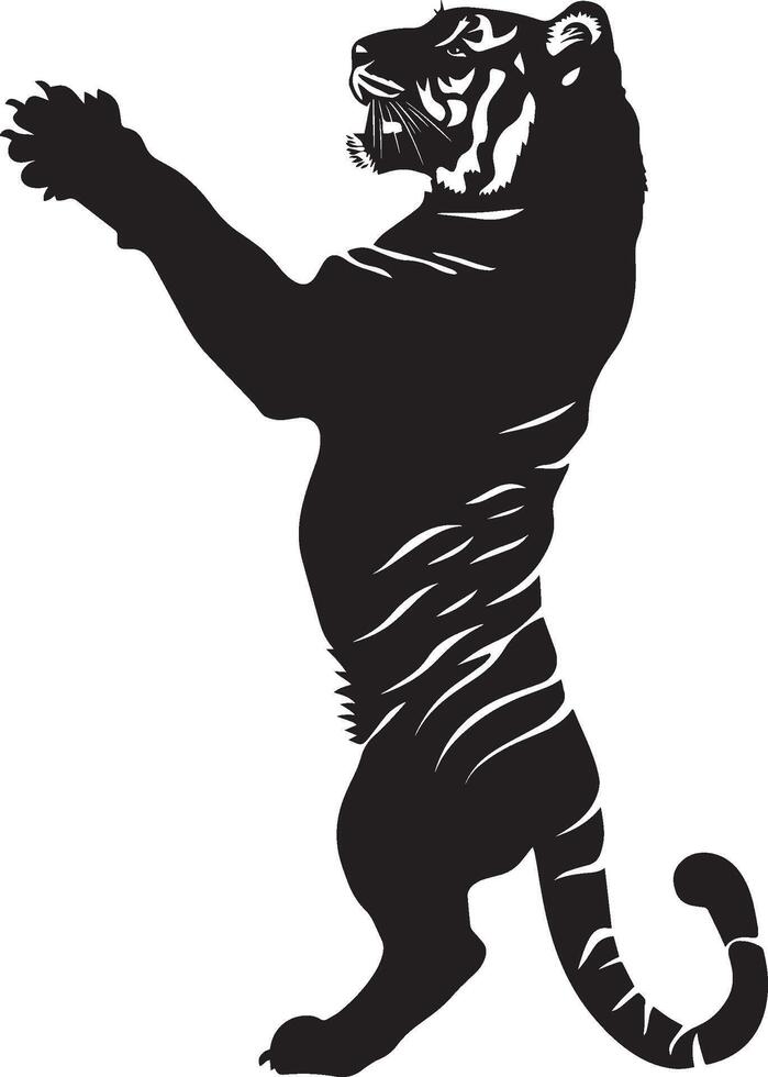 Tiger Playing Paws reaching out or swatting at an object, playful stance. full length silhouette black illustration vector