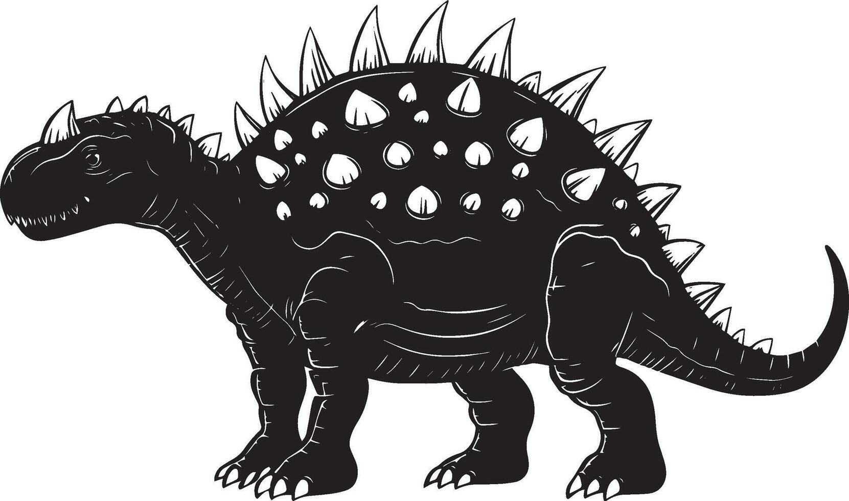 Ankylosaurus A robust quadrupedal dinosaur featuring heavy armor, bony plates on its back, and a clubbed tail, full-length black silhouette illustration. vector