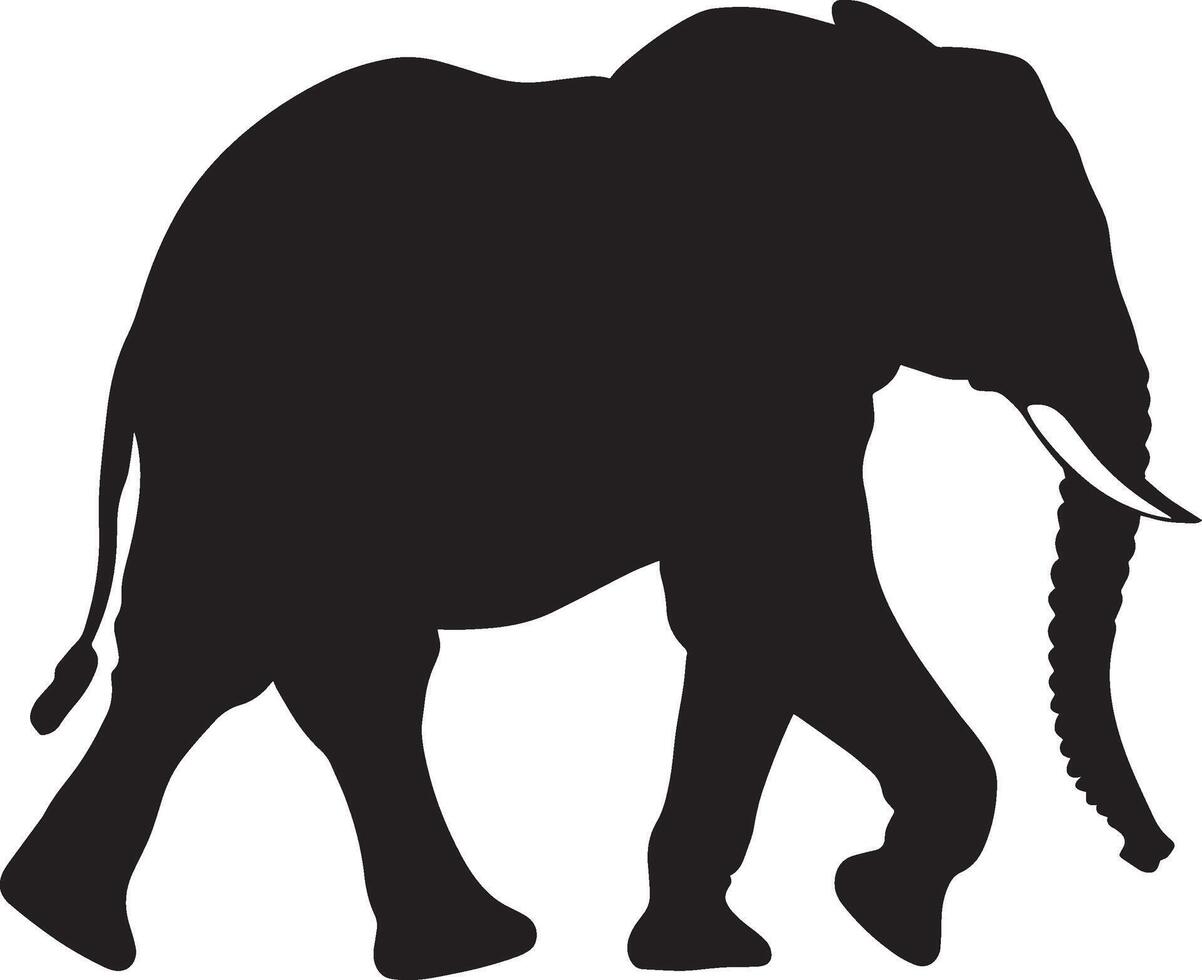 Elephant Striding One leg raised in mid-stride, trunk reaching out, ears spread wide, full-length black silhouette illustration. vector