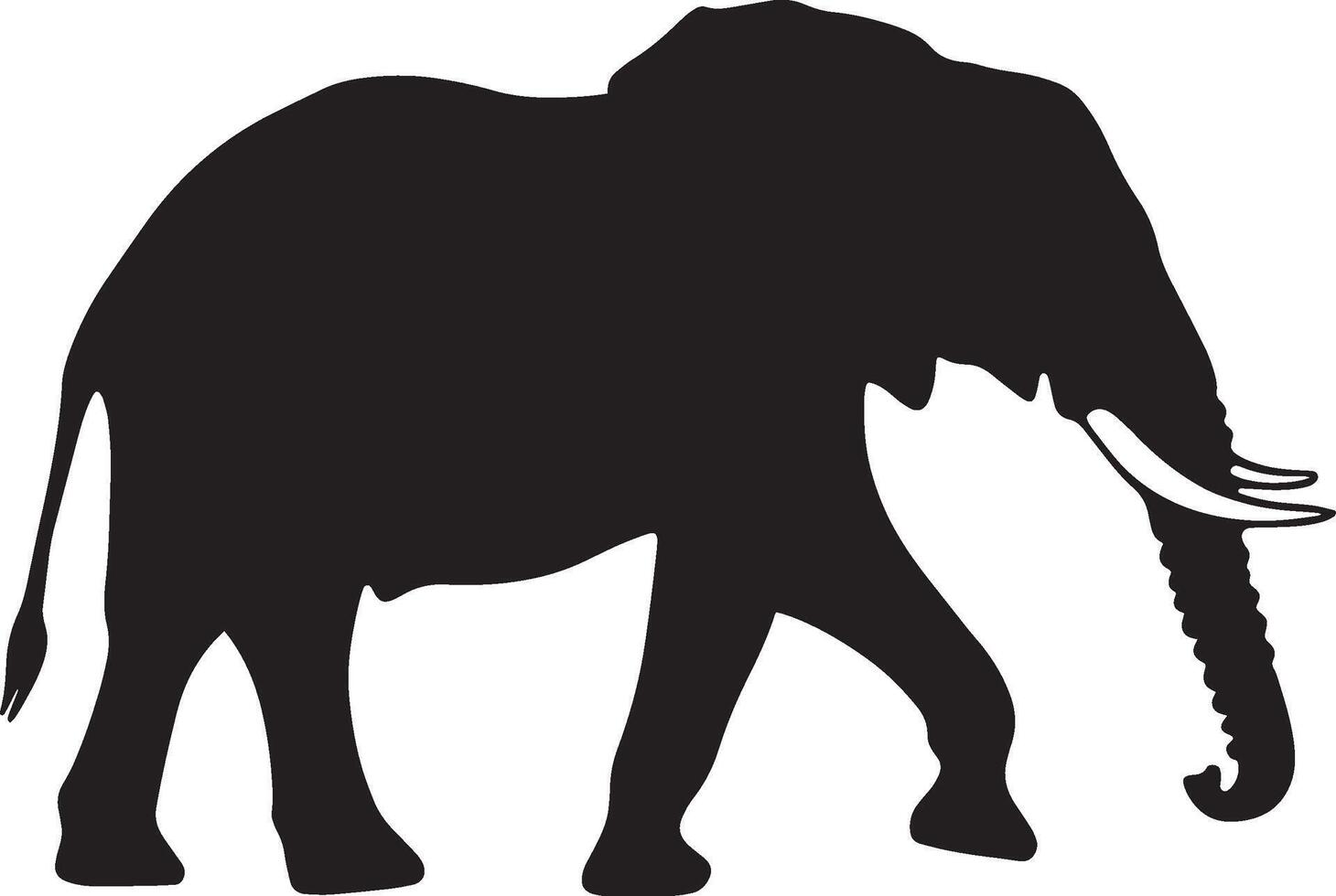 Elephant Sprinting Head bent down, trunk reaching out, tusks prominent, full-length black silhouette illustration. vector