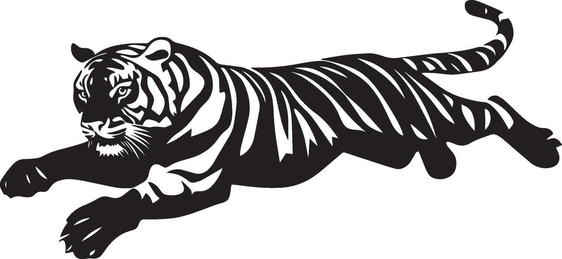 Tiger Jumping Mid-air leap with legs extended, body arched. full length silhouette black illustration vector