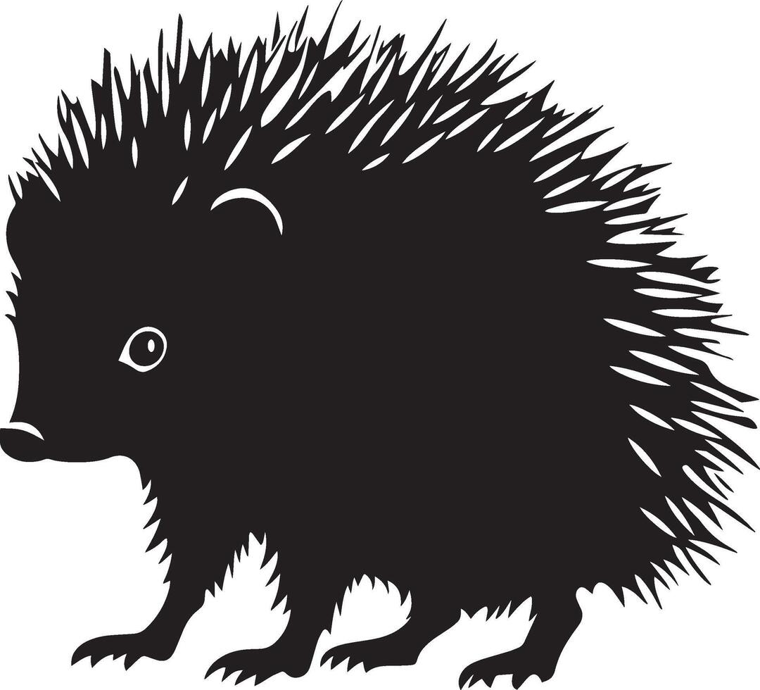 Hedgehog Poised Standing tall with legs firmly set, trunk raised or at ease, complete black silhouette design. vector