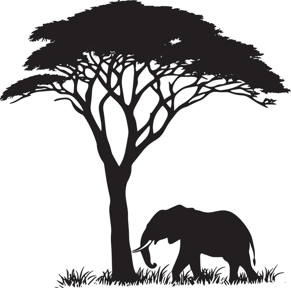 Eating Trunk curled around a tree or grass, head bent down. full length silhouette black illustration vector