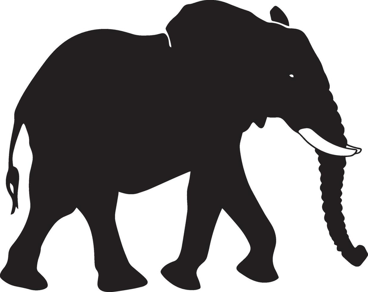 Elephant Walking One leg lifted in mid-step, trunk extended forward, ears flared out. full length silhouette black illustration vector