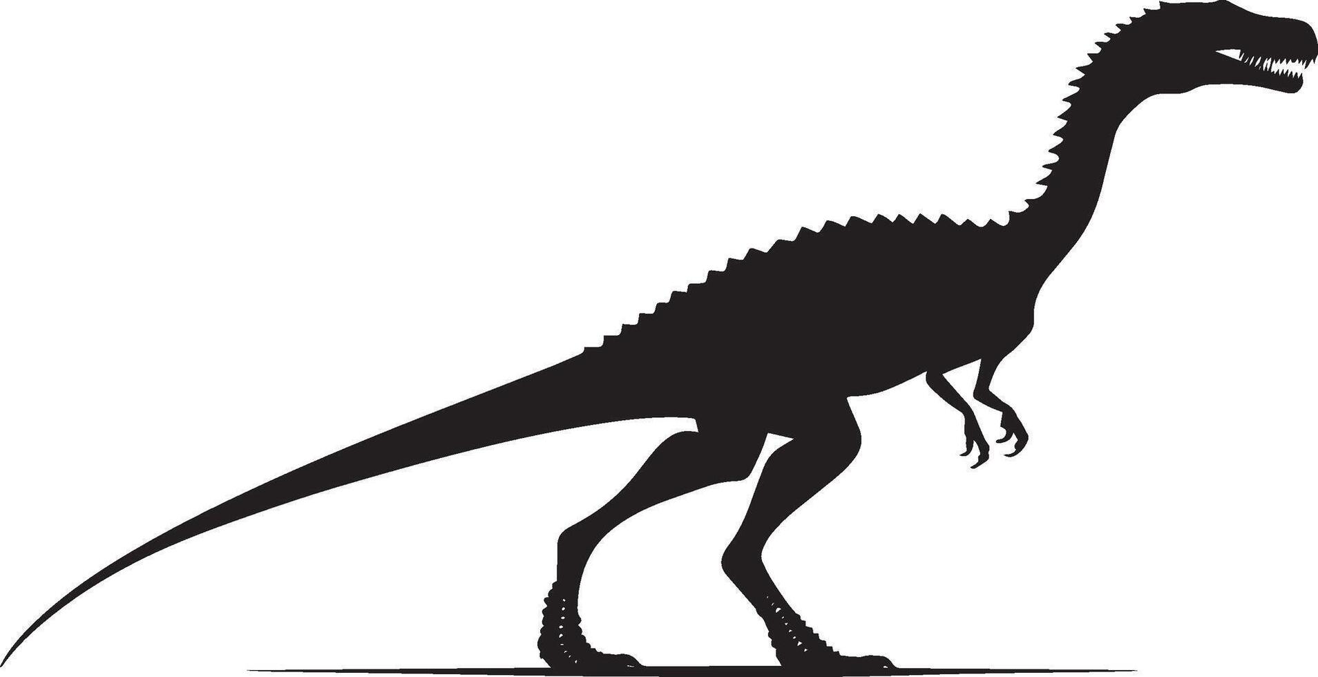 Saurophaganax A sturdy theropod featuring a lengthy tail, powerful legs, and a large head adapted for hunting, full-length black silhouette illustration. vector