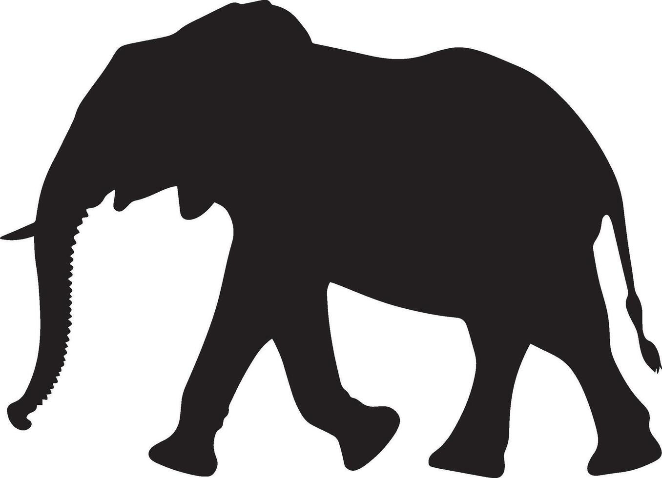 Walking One leg lifted in mid-step, trunk extended forward, ears flared out. full length silhouette black illustration vector