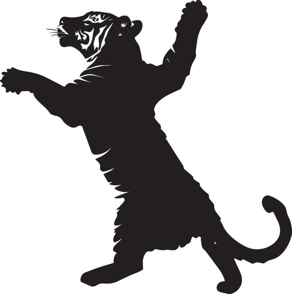 Tiger Frolicking Paws extended, swatting at a toy, in a playful pose, full-length black silhouette illustration. vector