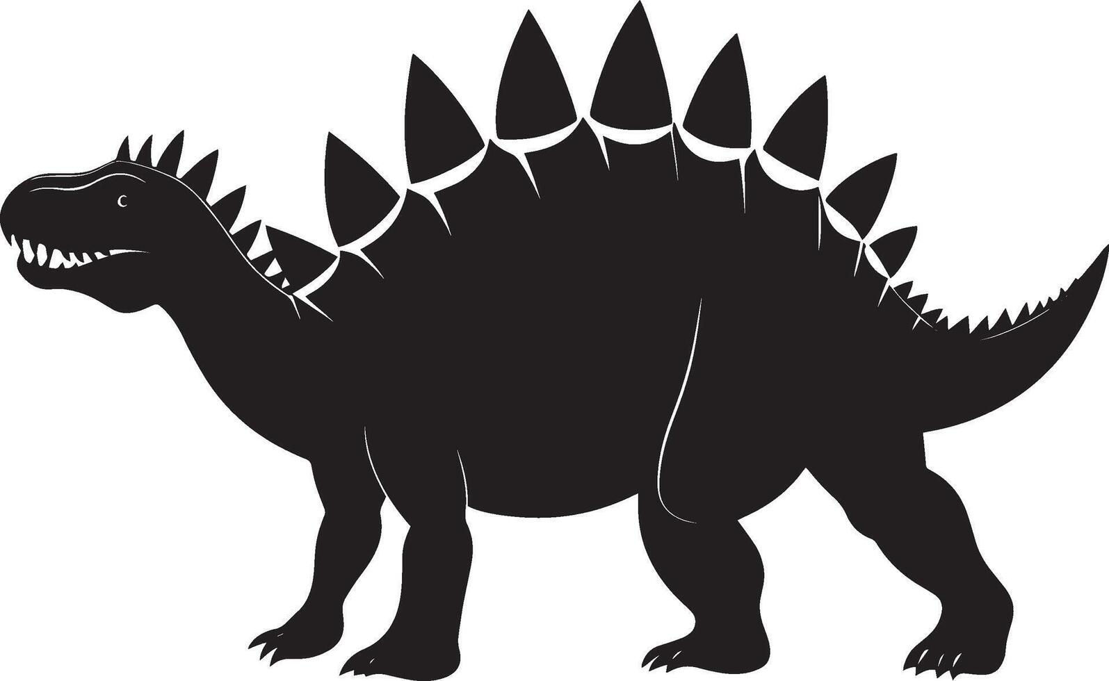 Stegosaurus - A slow-moving quadruped with large plates on its back, spikes on its tail, and a small head. full length silhouette black illustration vector