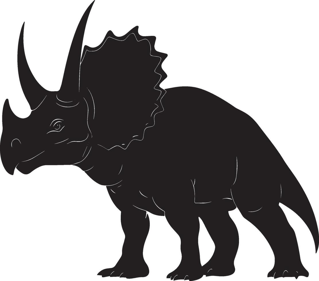 Triceratops A large plant-eater characterized by its distinctive frill and trio of horns, supported by sturdy legs, complete black silhouette design. vector