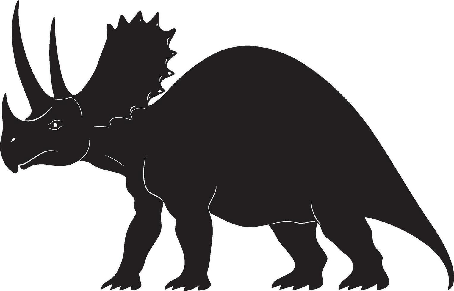 Triceratops A robust quadrupedal herbivore featuring a frill at the back of its head and three prominent horns, standing on strong limbs, full-length black silhouette illustration. vector