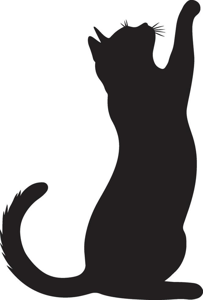 Cat in Stretch Pose Silhouette A flexible cat with its front legs stretched out and back arched, complete black silhouette design. vector