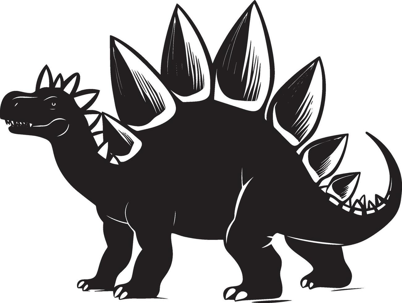 Stegosaurus A notable quadruped known for its slow movement, prominent plates on its back, and tail adorned with spikes, full-length silhouette in black art. vector