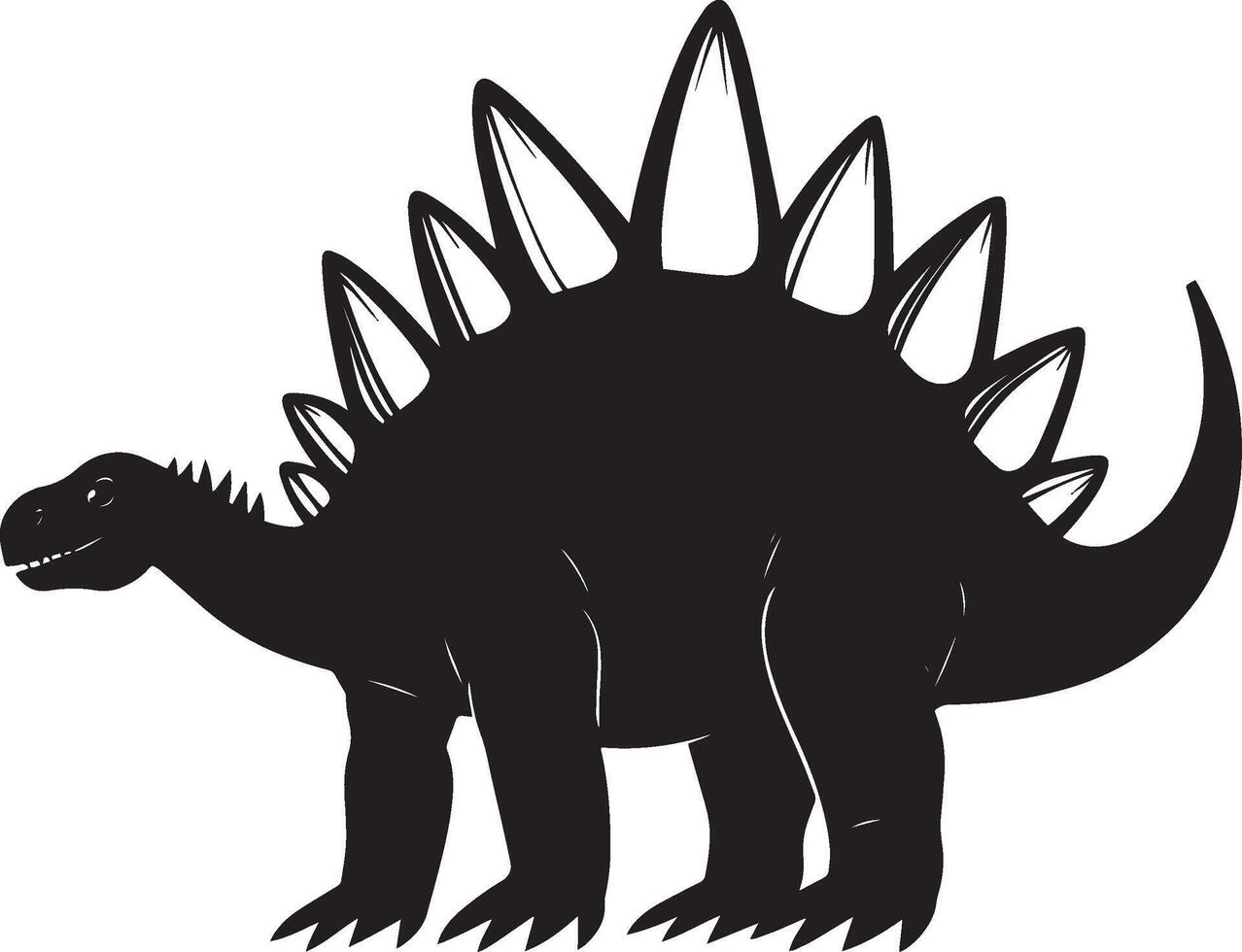 Stegosaurus A slow-moving quadrupedal dinosaur featuring large plates along its back, spikes on its tail, and a small head, full-length black silhouette illustration. vector