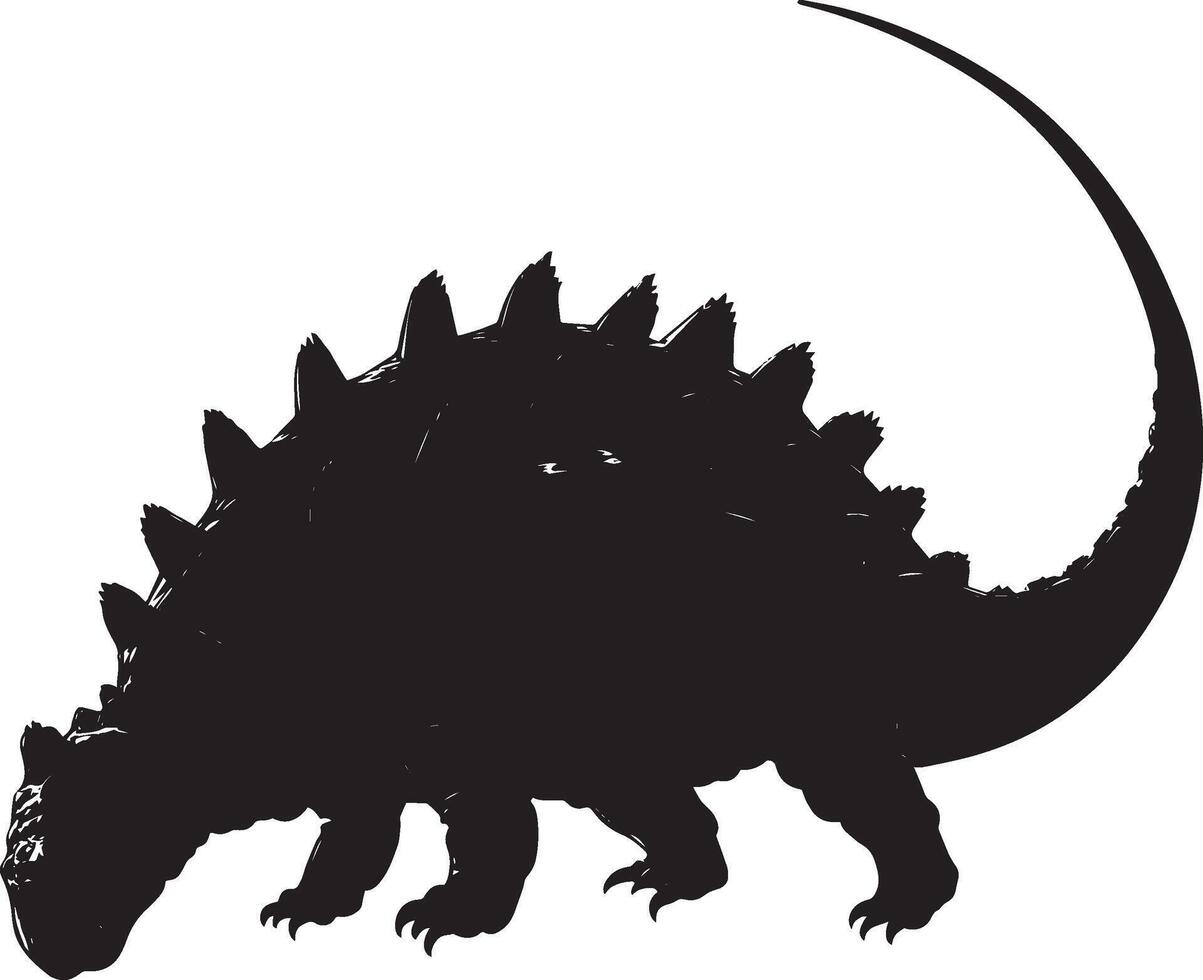 Ankylosaurus Tumbling An Ankylosaurus rolling onto its back, utilizing its armored body for protection during movement, full-length black silhouette illustration. vector