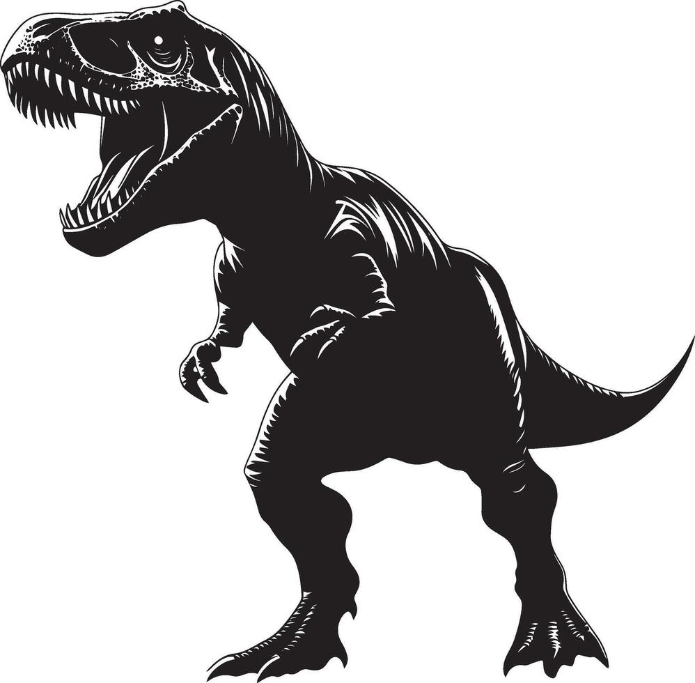 Tyrannosaurus Rex T-Rex Roaring A massive T-Rex with its mouth open in a roar, standing tall with a powerful stance. full length silhouette black illustration vector