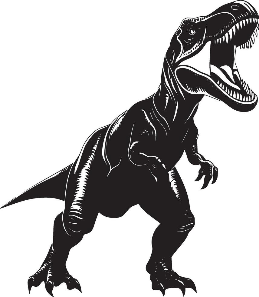 Tyrannosaurus Rex T-Rex Roaring A massive T-Rex with its mouth open in a powerful roar, standing tall and confident, full-length black silhouette illustration. vector