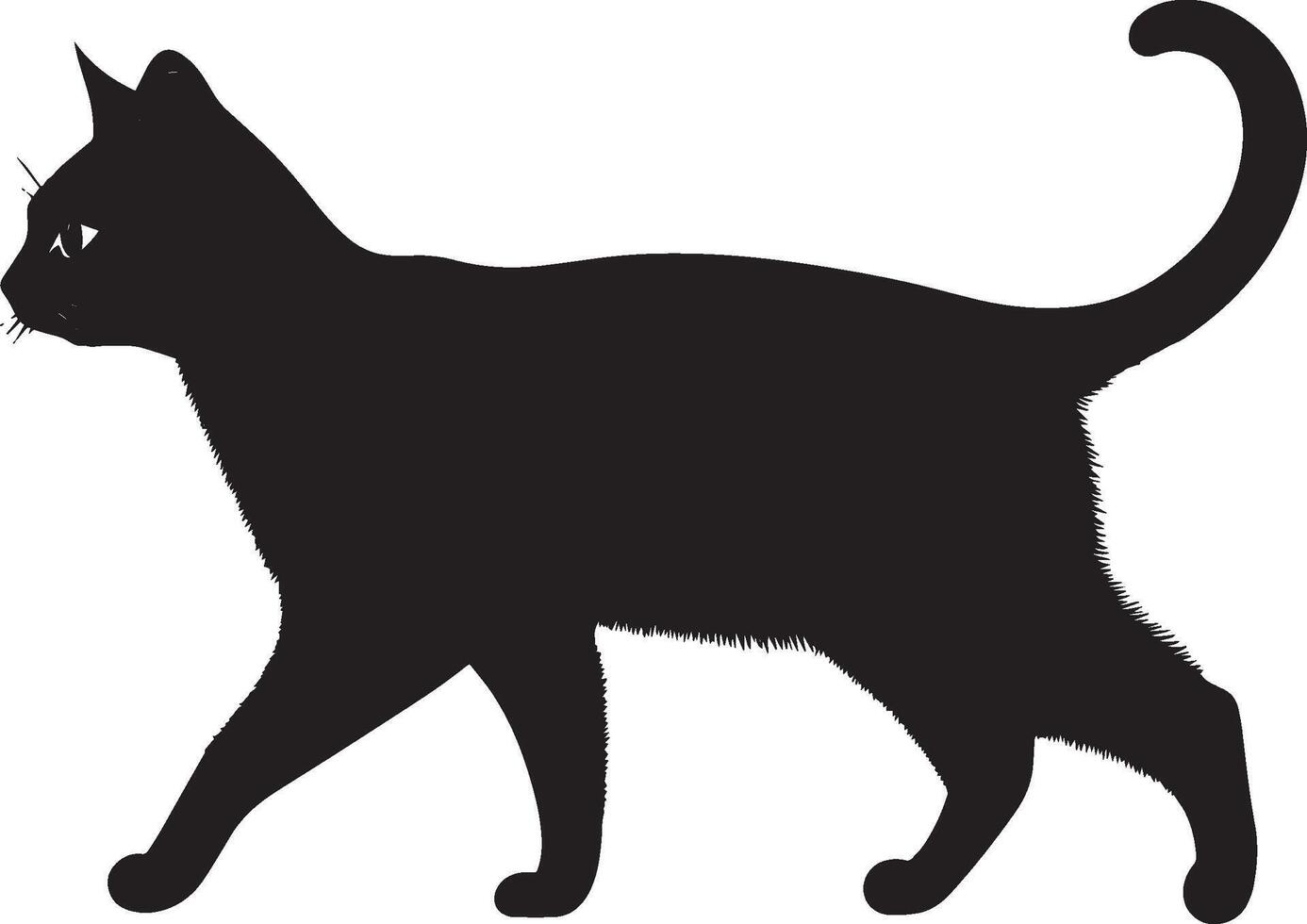Cat with Tail Up Silhouette A friendly cat moving gracefully, its tail curved upwards in a playful manner, full-length silhouette in black art. vector