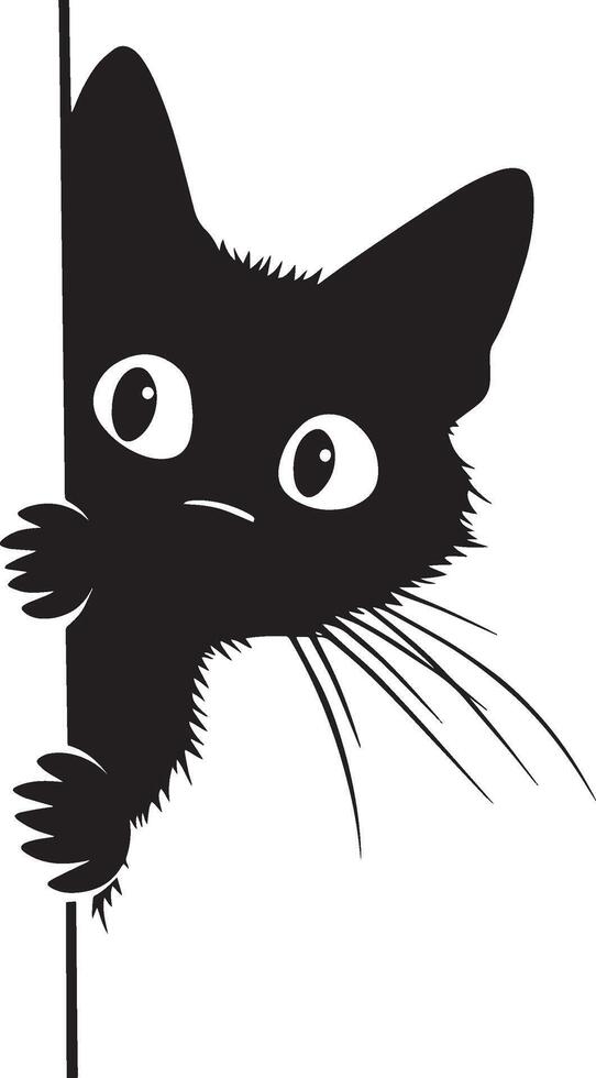 Cat Peeking Around a Corner Silhouette A cat's head and front paws emerging curiously from around a corner, full-length black silhouette illustration. vector