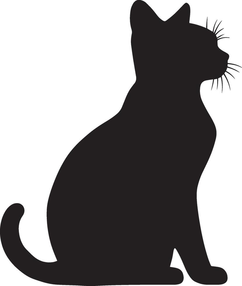 Cat Sitting Silhouette A serene cat perched with its tail gently curled around its front paws, complete black silhouette design. vector