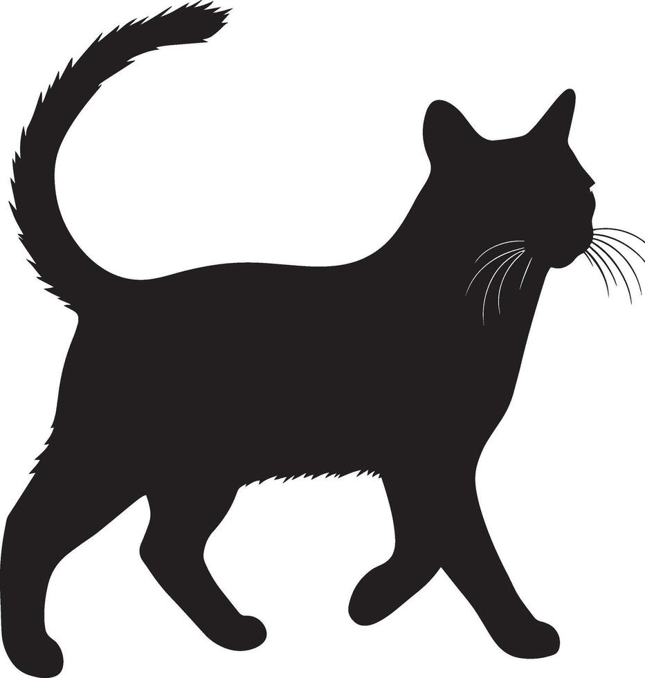 Joyful Cat with Raised Tail Silhouette A cheerful cat walking proudly, tail elevated, complete black silhouette design. vector