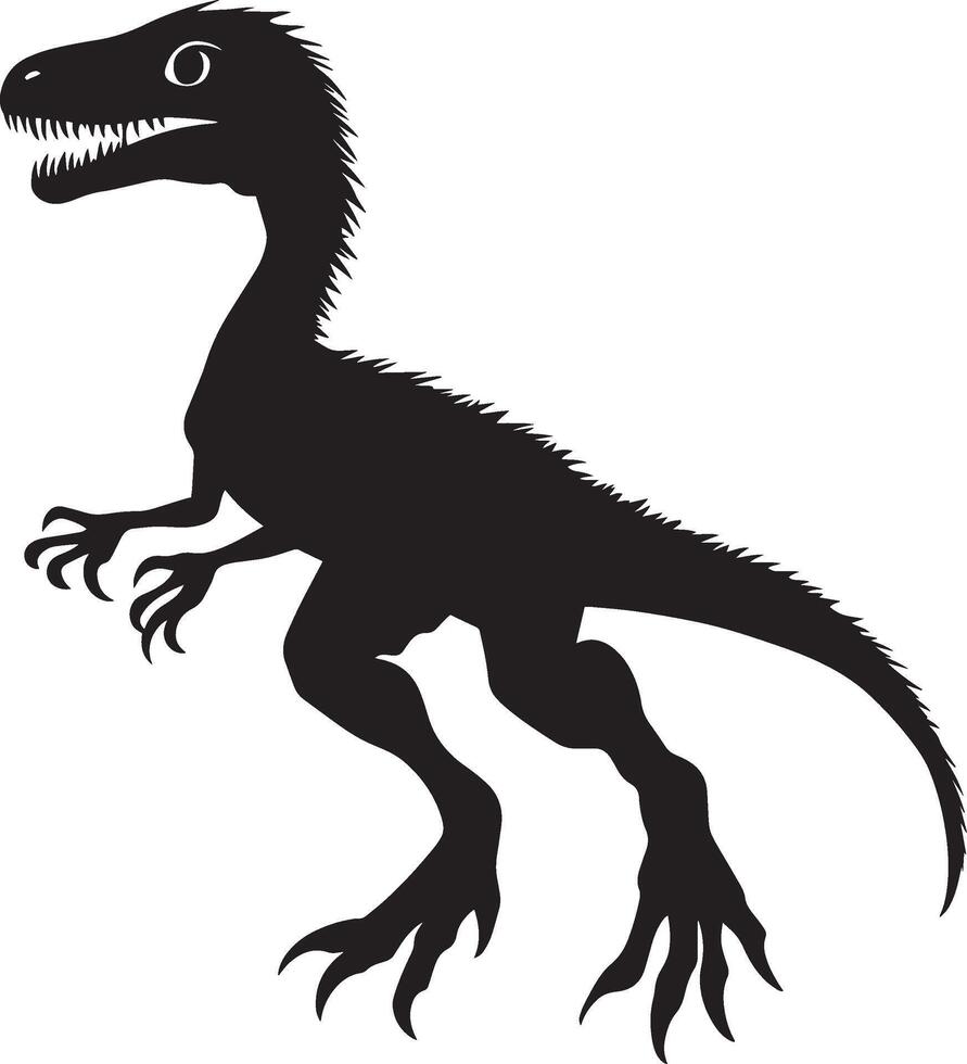 Velociraptor A nimble bipedal carnivore featuring a slender body, long tail, and distinctive sickle-shaped claws, full-length black silhouette illustration. vector