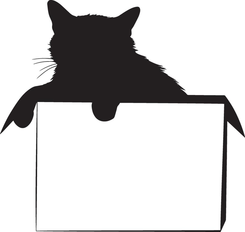 Cat Concealed in a Box Silhouette A cat curled up inside a box, with its ears peeking out, full-length black silhouette illustration. vector
