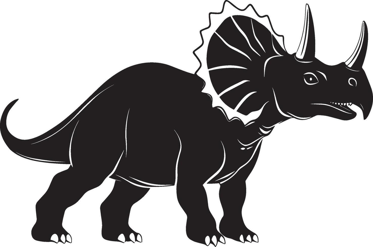 Triceratops - A quadrupedal herbivore with a frill at the back of its head and three horns, standing on sturdy limbs. full length silhouette black illustration vector