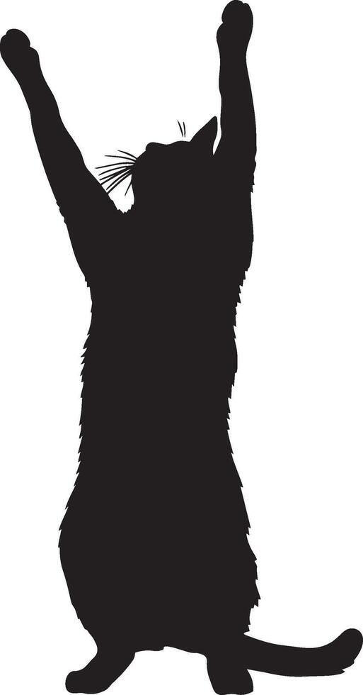 Arched Cat Silhouette A cat stretching with its front paws extended and back curved upward, full-length black silhouette illustration. vector