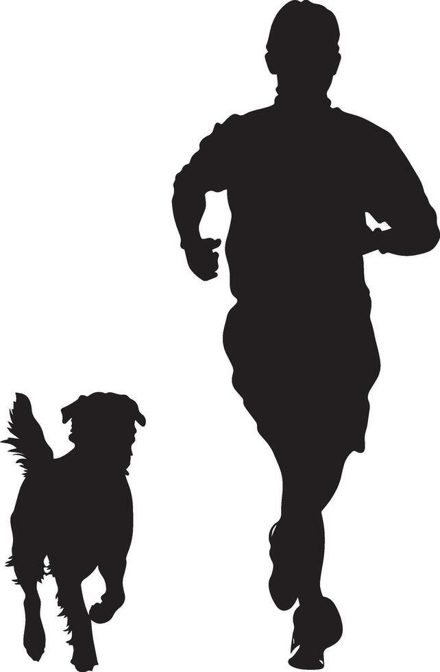 Human and Dog Running Silhouette A human athlete jogging with a dog by their side, complete black silhouette design. vector