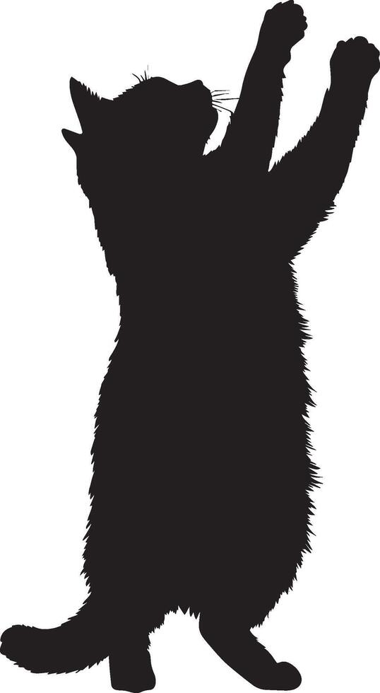 Cat Playing with Toy Silhouette A cat standing on its hind legs, extending one paw to bat at a toy, complete black silhouette design. vector