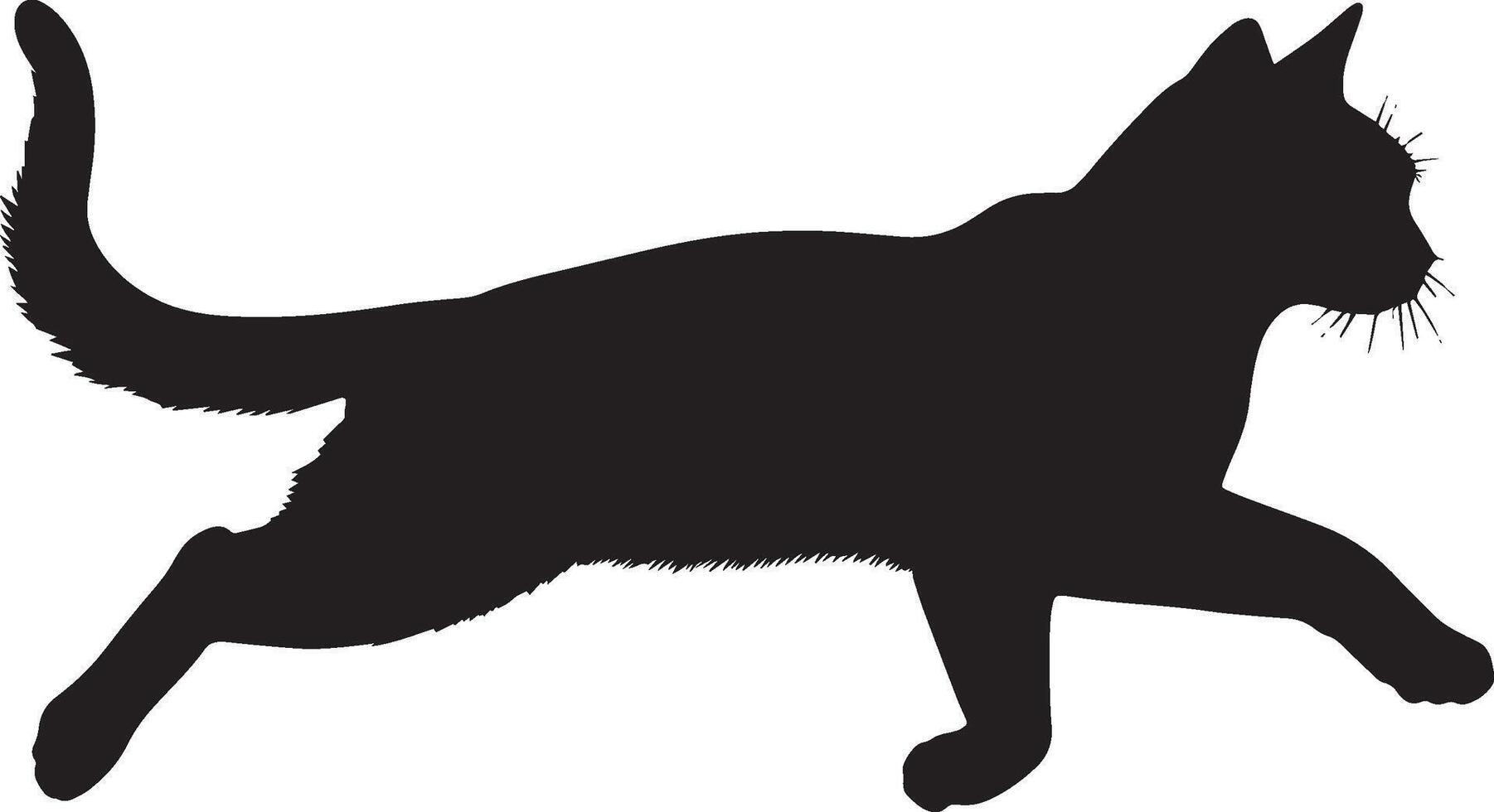 Cat Running Fast Silhouette A cat sprinting with a straight tail and ears drawn back, complete black silhouette design. vector