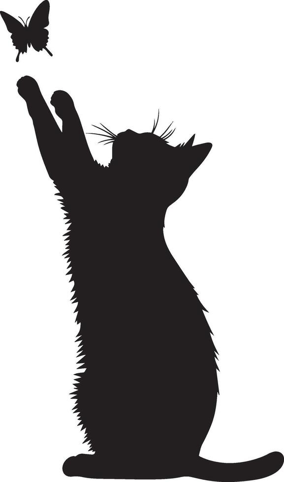 Cat Pawing at Butterfly Silhouette A cat with its front paws raised, eager to catch a fluttering butterfly, complete black silhouette design. vector