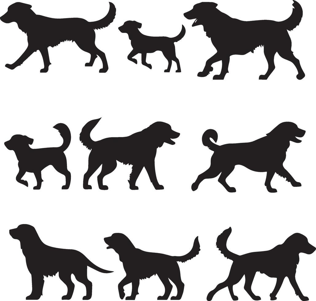 Dog Pack in Motion Silhouette A group of dogs walking together side by side, full-length black silhouette illustration. vector