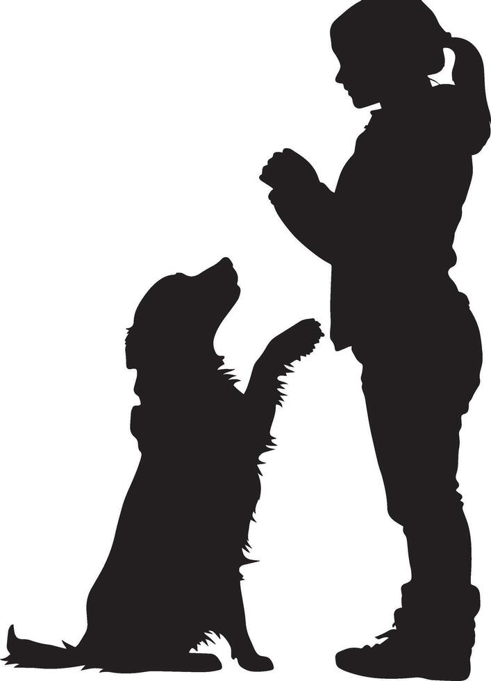Canine Cuddling Human Silhouette A dog leaning forward with its paws on a person in a loving gesture, full-length silhouette in black art. vector