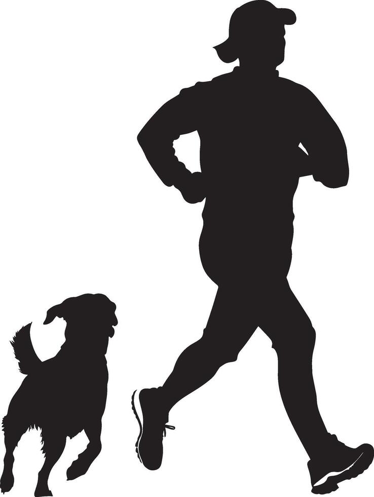 Dog and Owner Running Silhouette A human jogging with a dog beside them. full length silhouette black illustration vector