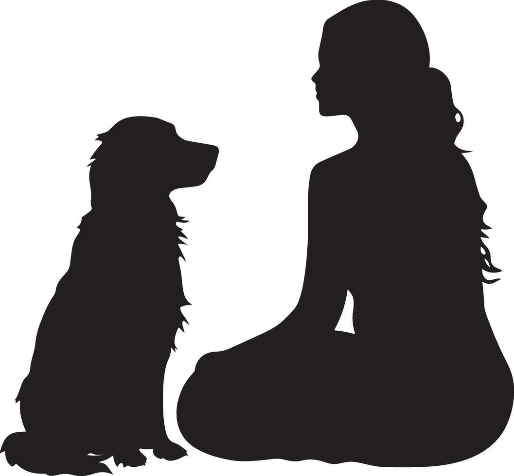 Calm Dog and Owner Silhouette A therapy dog quietly sitting next to a person, complete black silhouette design. vector