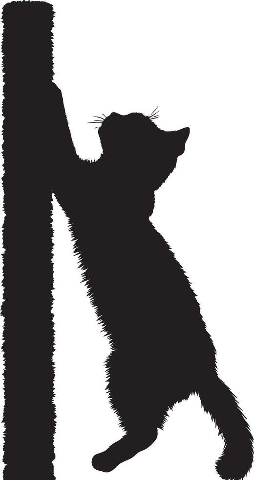 Scratching Post Silhouette A cat stretching up with claws extended on a vertical post. full length silhouette black illustration vector