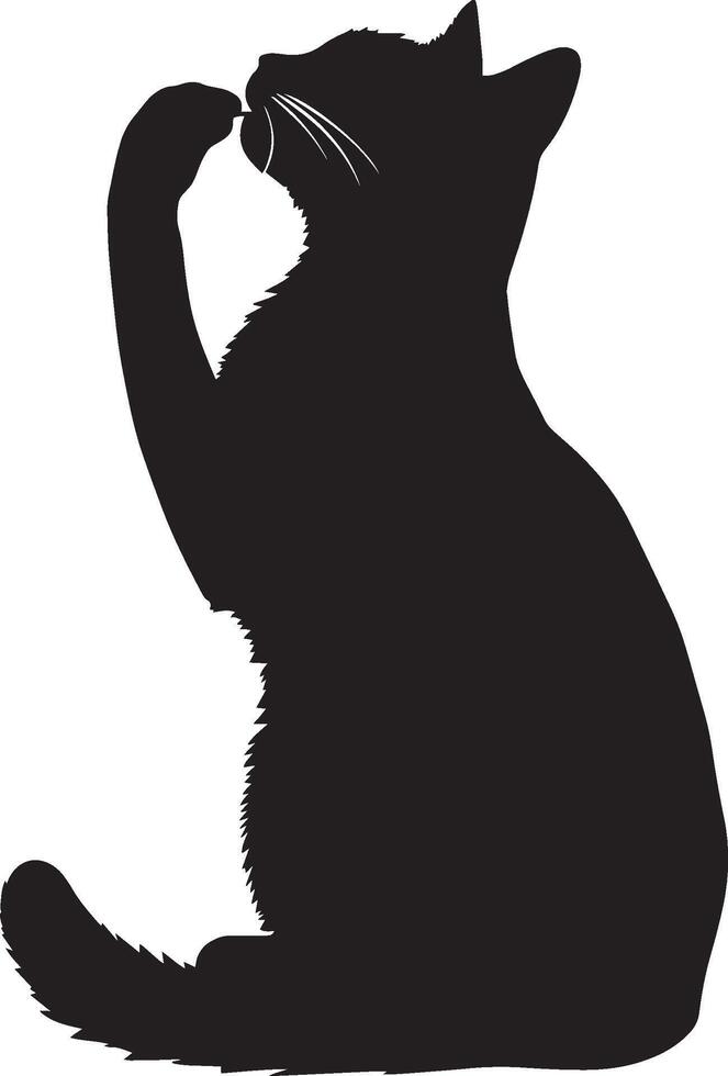 Cat Licking Paw Silhouette A cat seated with one paw raised to its mouth, full-length black silhouette illustration. vector